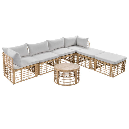 GO 7 Pieces Outdoor Patio Furniture, All-Weather Rattan Sectional Sofa Set With Thick Cushions And P