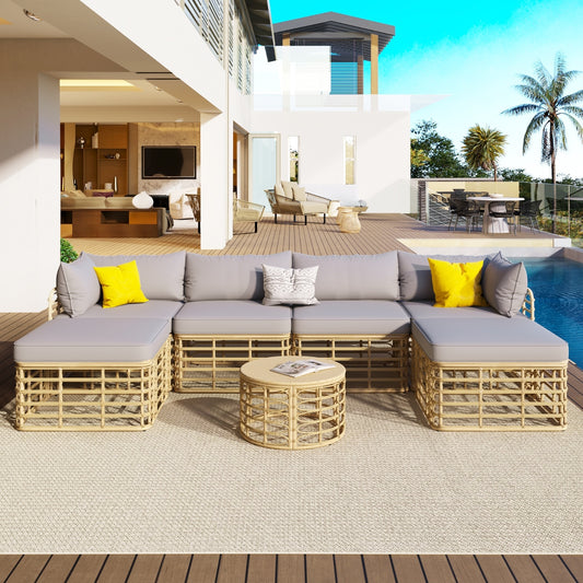 GO 7 Pieces Outdoor Patio Furniture, All-Weather Rattan Sectional Sofa Set With Thick Cushions And P